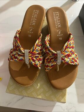 Italian Shoemakers Multicolor Braided Bow Slide Sandals with Jeweled Accent